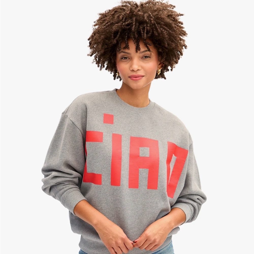 Clare V Ciao Oversized Sweatshirt - Size Small in Grey with Red Orange Letters